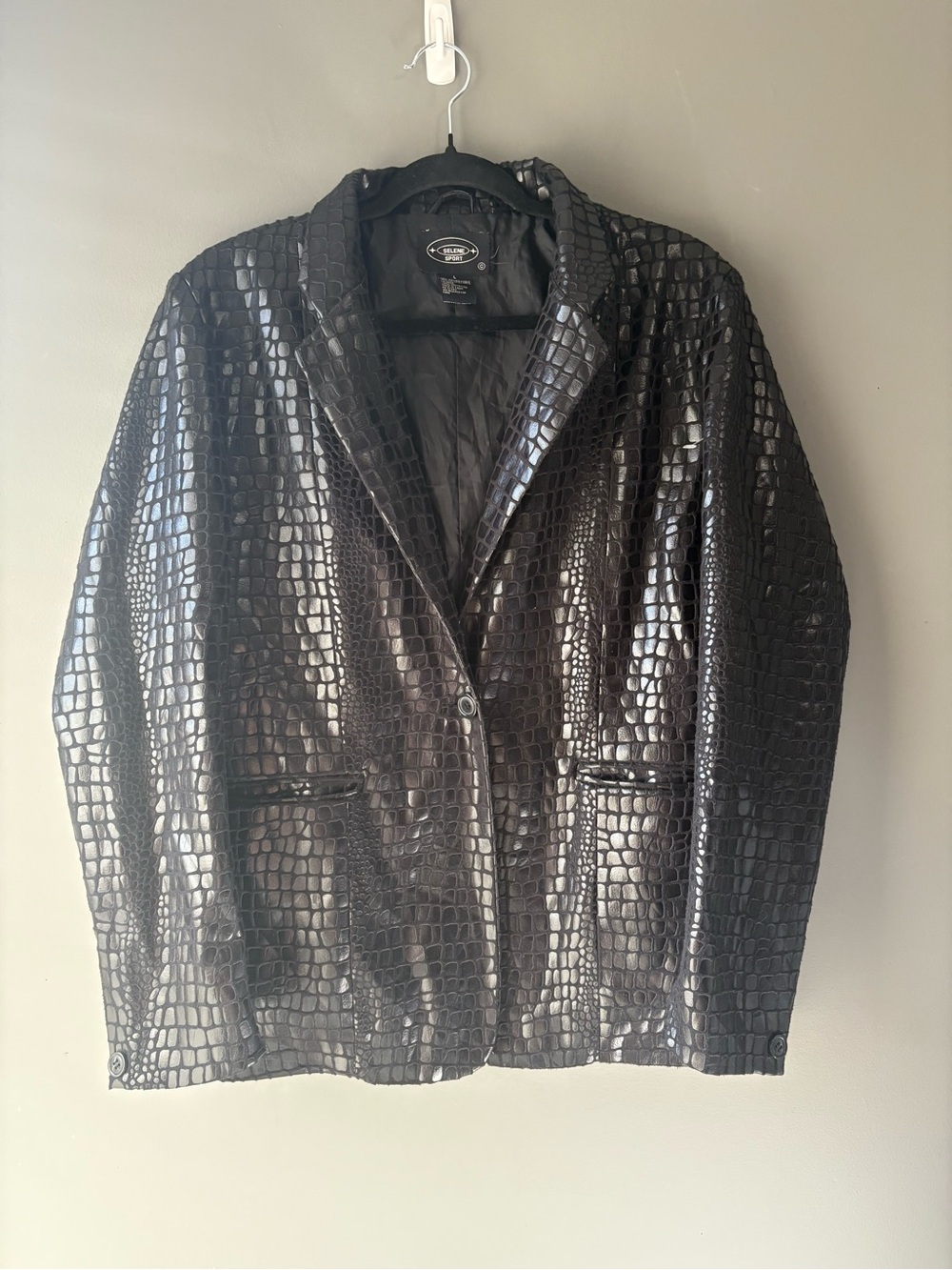 Vintage Selene Sport Black Croc Embossed Faux Leather Blazer Jacket Large - Picture 2 of 6